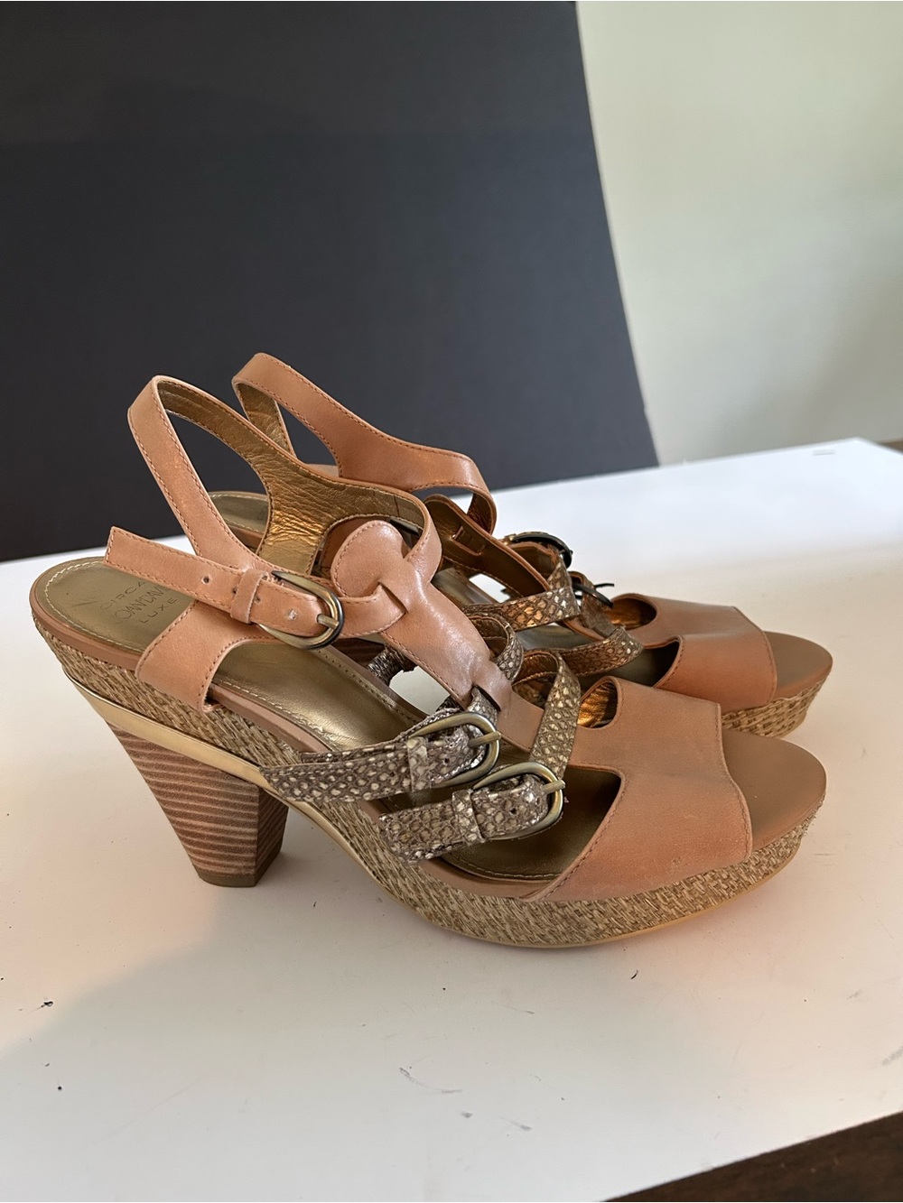 Joan & David Cognac Leather Strappy Platform Heels